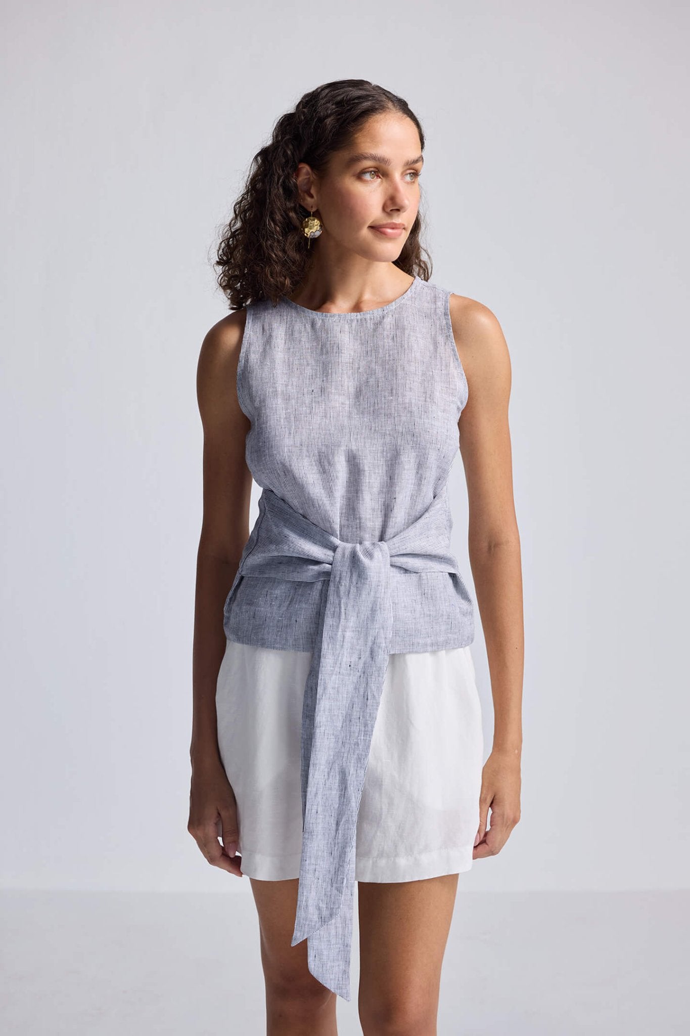 Front - tie Top in Linen Stripes - Cheapnfast