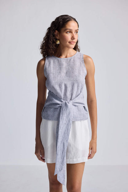 Front - tie Top in Linen Stripes - Cheapnfast