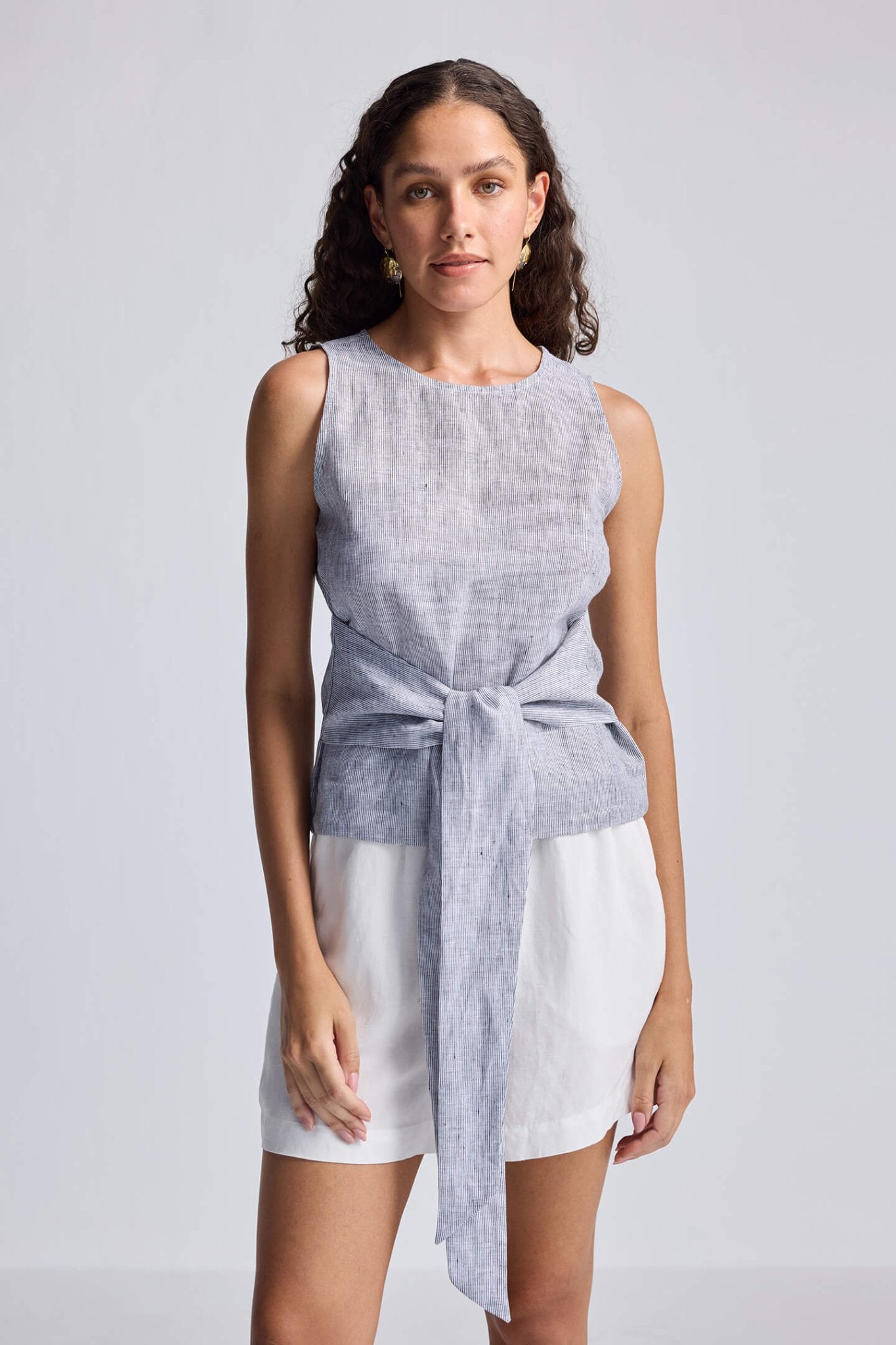 Front - tie Top in Linen Stripes - Cheapnfast