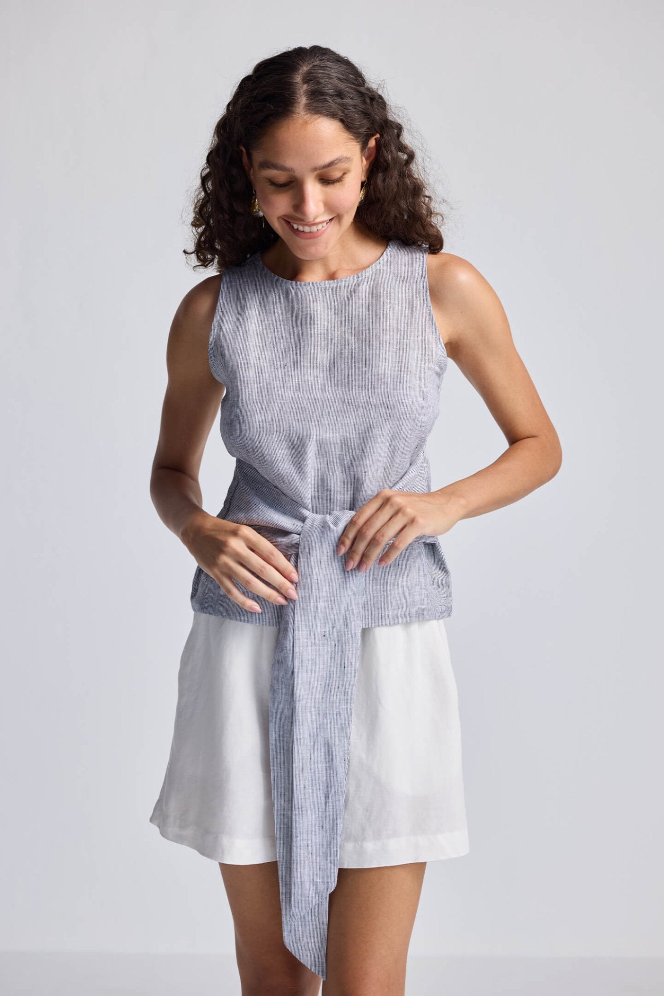 Front - tie Top in Linen Stripes - Cheapnfast