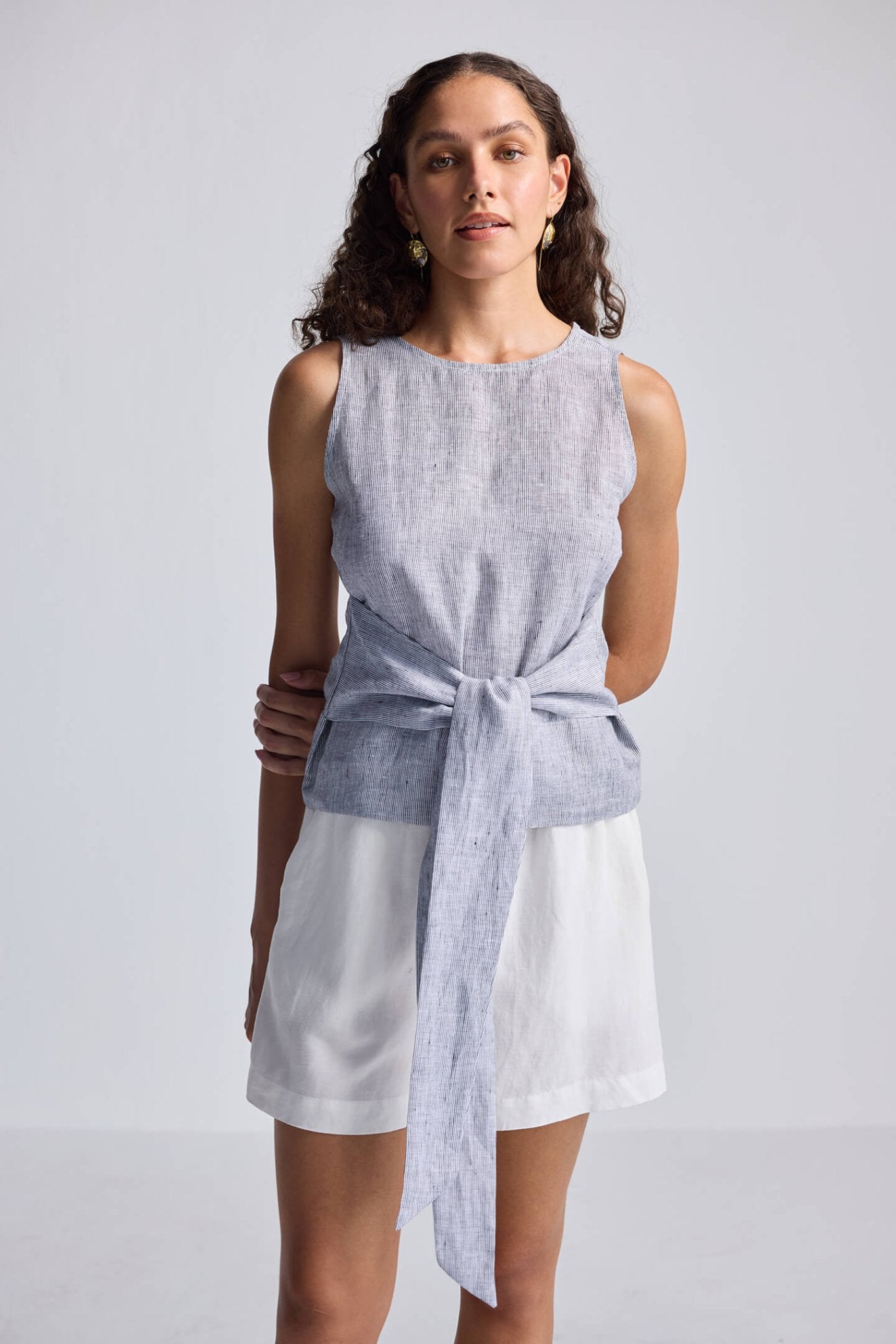 Front - tie Top in Linen Stripes - Cheapnfast
