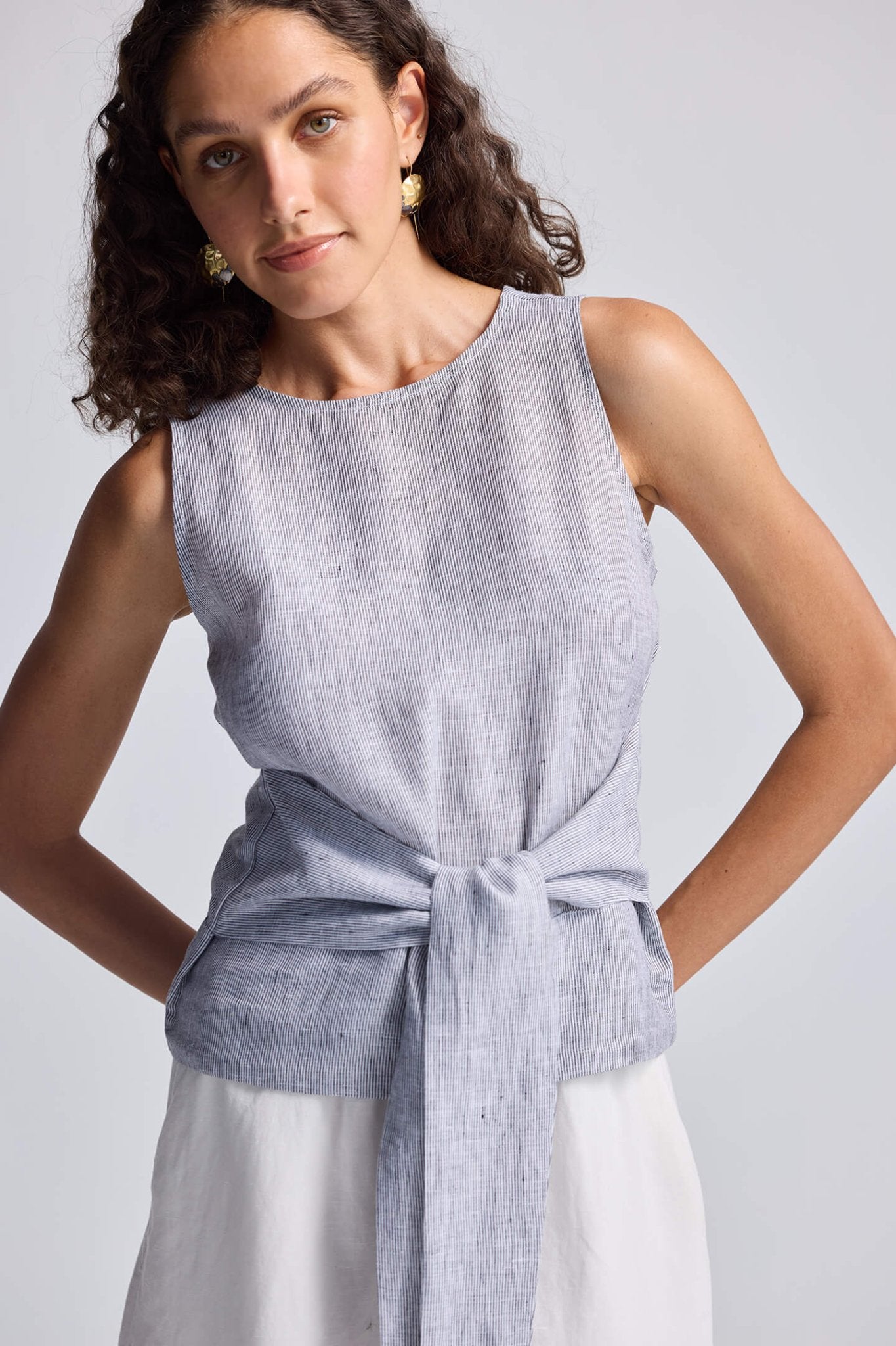 Front - tie Top in Linen Stripes - Cheapnfast