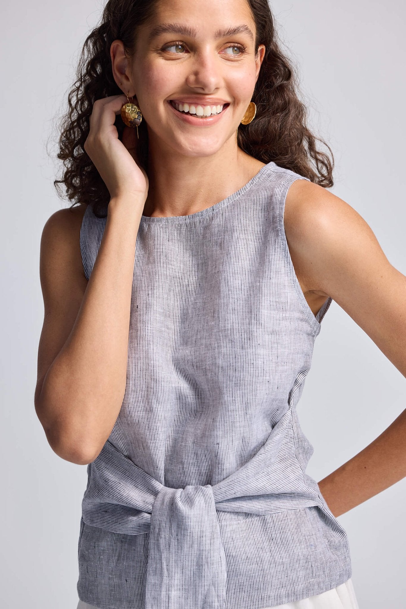 Front - tie Top in Linen Stripes - Cheapnfast
