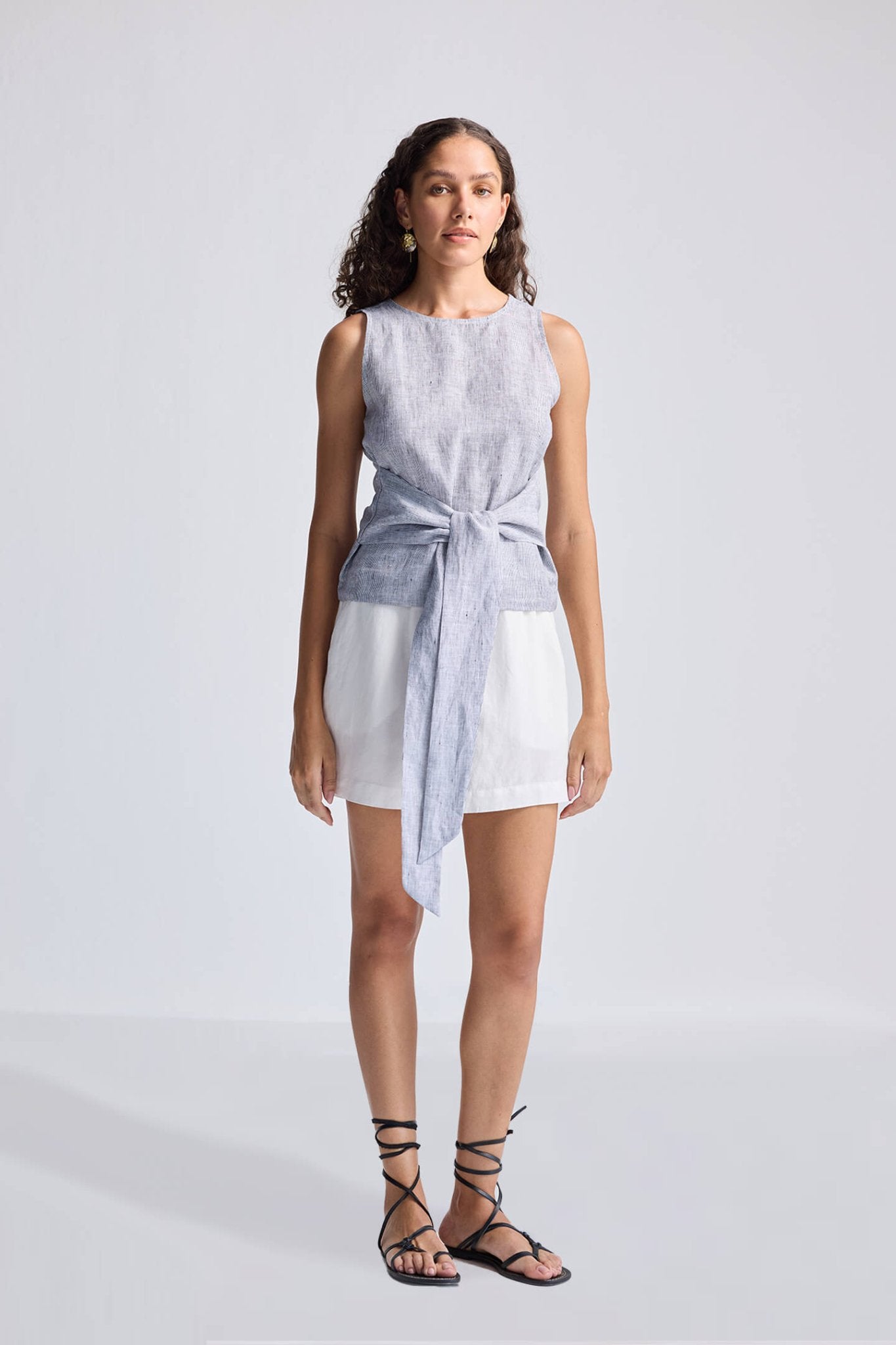 Front - tie Top in Linen Stripes - Cheapnfast