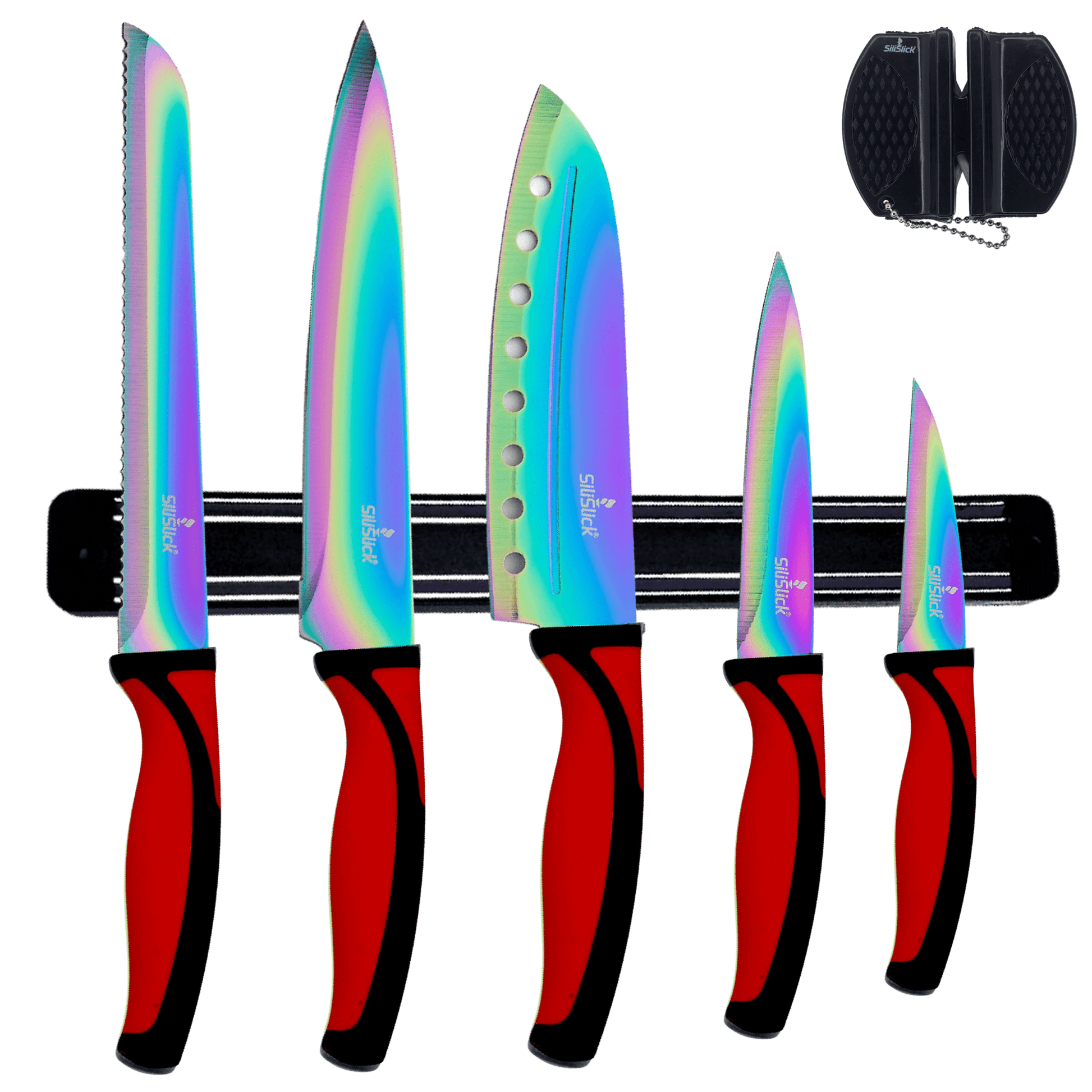 Kitchen Knife Set Kit | Red Handle & Black Magnetic Rack - Cheapnfast